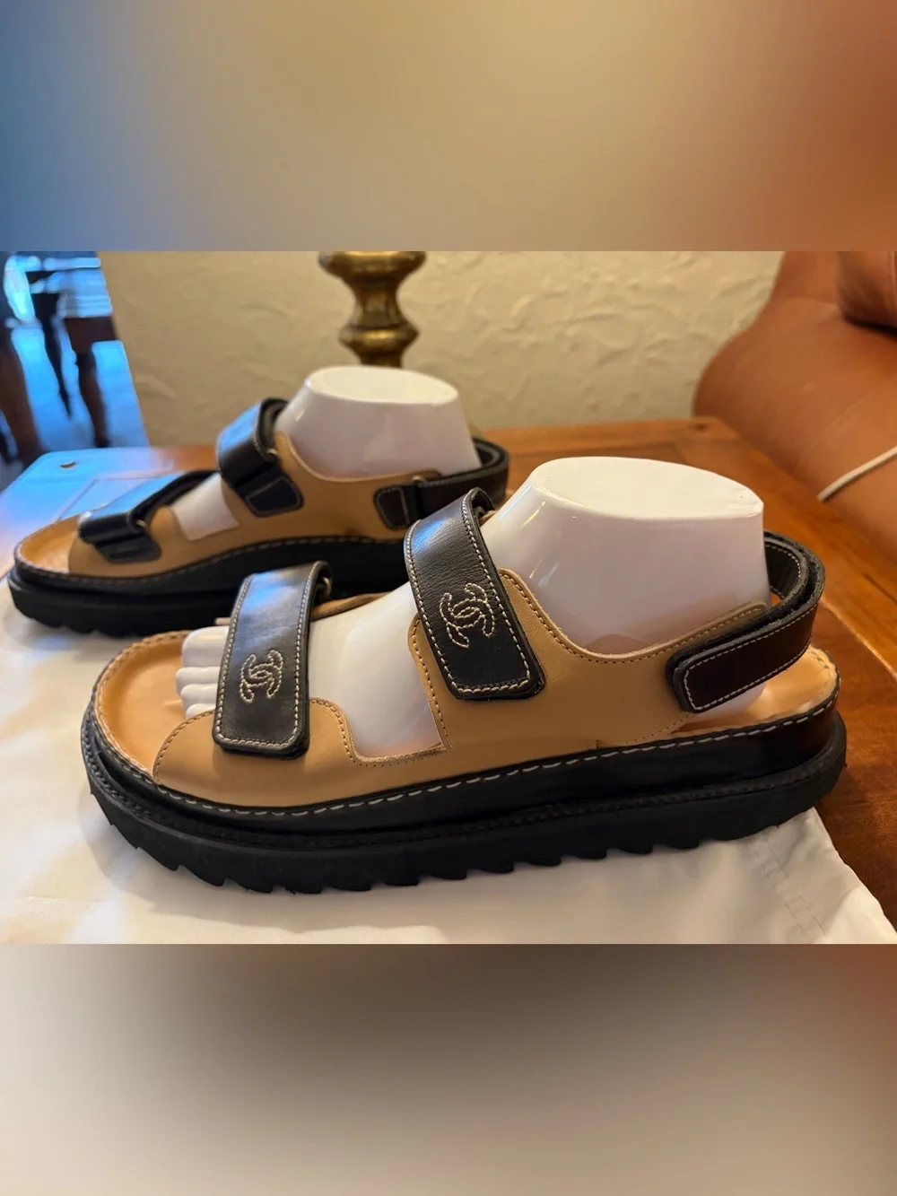 CHANEL Black and Tan Leather “Dad” Velcro Strap Sandals woman’s 10.5